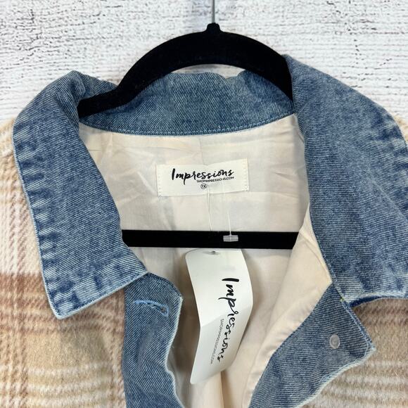 Impressions Plus Size Tan Plaid Denim Trim Fall Shacket Size 1X - Picture 4 of 9